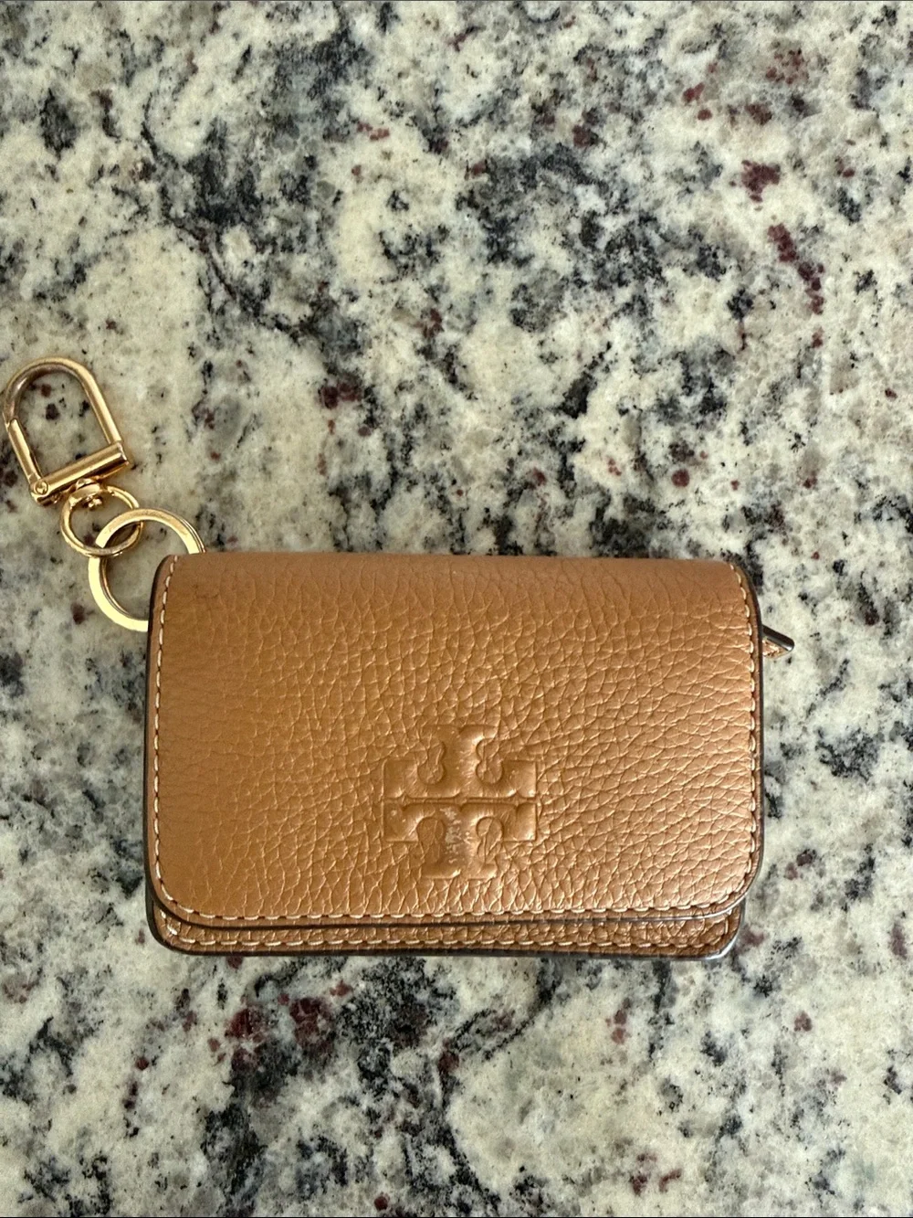 Tory Burch Pebbled Leather Key Pouch in Tan with Gold Hardware